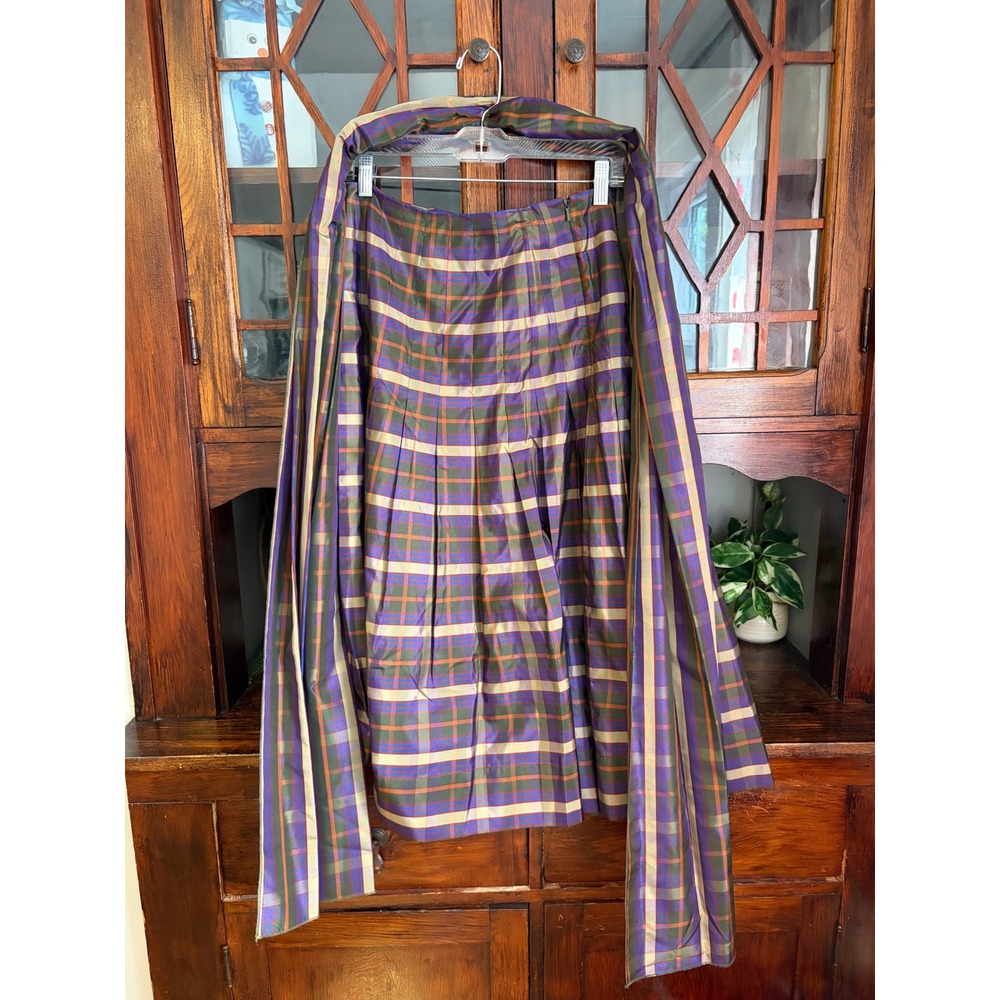 J. Peterman Womens 14 Silk Plaid Pleated Midi Skirt Purple Green Gold Taffeta